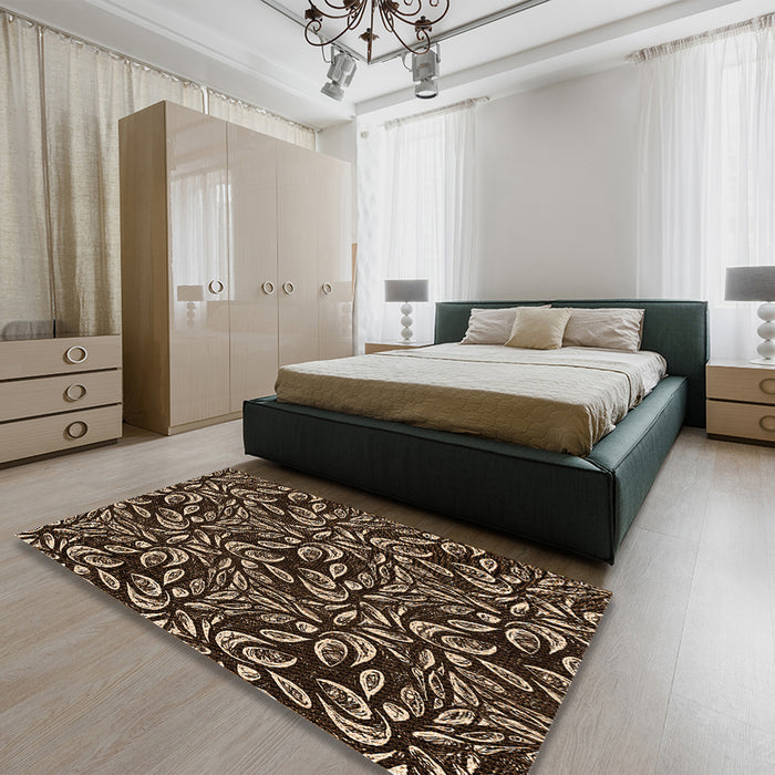 Patterned Black Brown Rug in a Bedroom, pat1219org