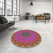 Round Machine Washable Transitional Pink Violet Pink Rug in a Office, wshpat121