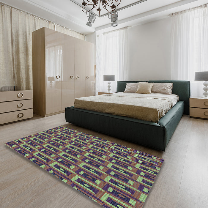 Patterned Khaki Green Rug in a Bedroom, pat122lblu