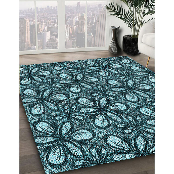 Patterned Deep Teal Green Rug in Family Room, pat1220lblu