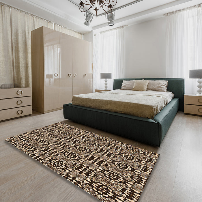 Patterned Black Brown Rug in a Bedroom, pat1221org