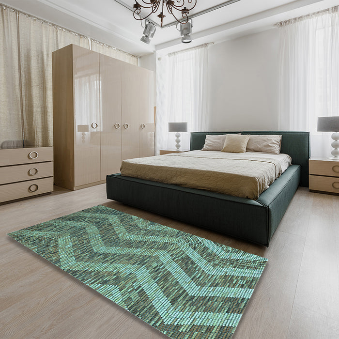 Patterned Deep-Sea Green Rug in a Bedroom, pat1225lblu