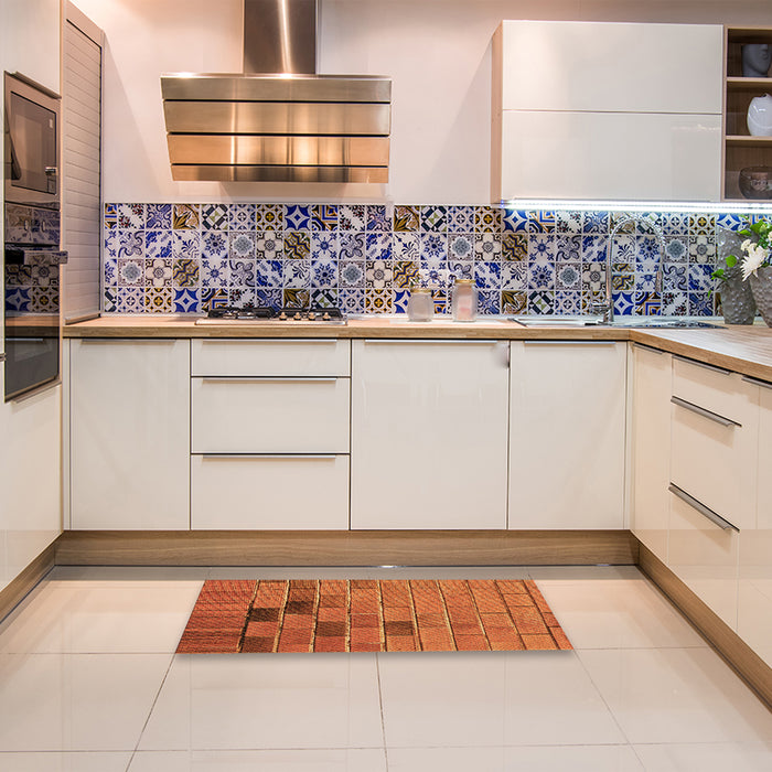 Patterned Neon Orange Rug in a Kitchen, pat1229org