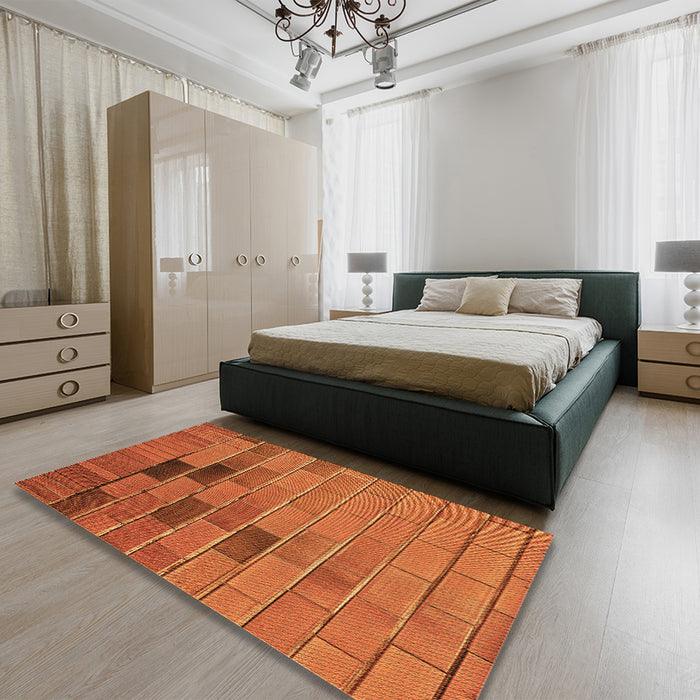 Patterned Neon Orange Rug in a Bedroom, pat1229org