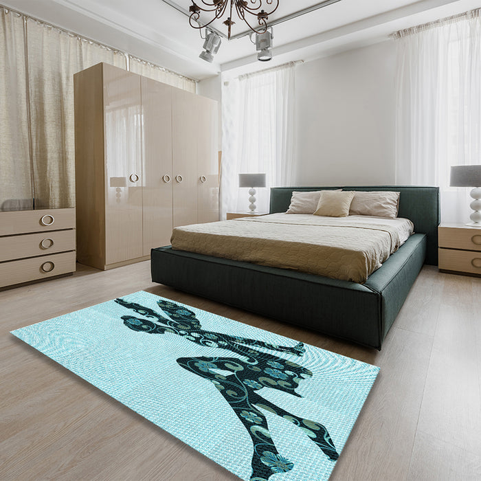 Patterned Deep-Sea Green Rug in a Bedroom, pat1232lblu