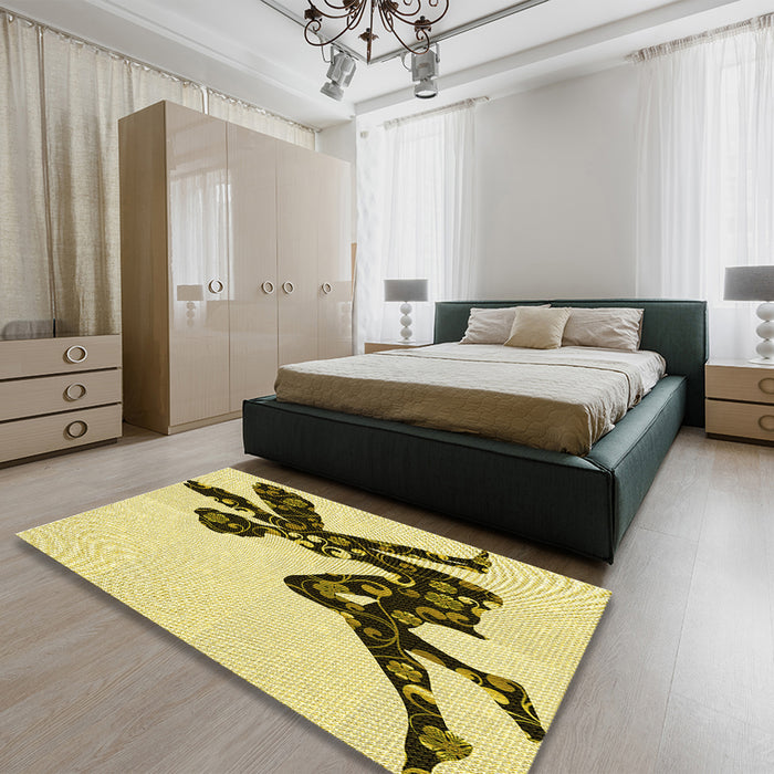 Patterned Mustard Yellow Rug in a Bedroom, pat1232yw