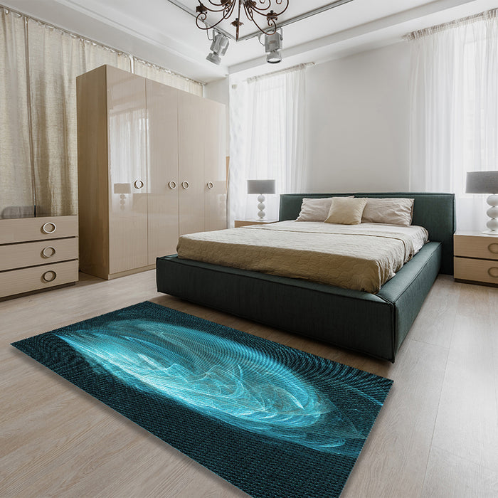 Patterned Dark Turquoise Green Rug in a Bedroom, pat1234lblu