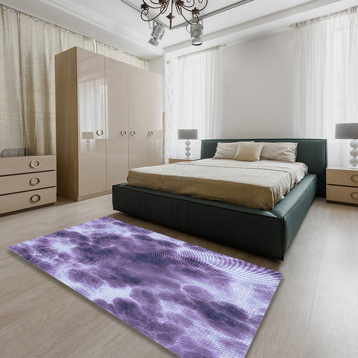 Patterned Purple Mimosa Purple Rug in a Bedroom, pat1238blu