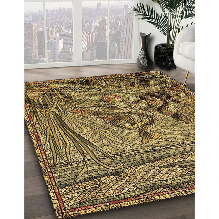 Patterned Orange Gold Rug in Family Room, pat1239brn