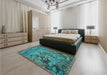 Patterned Turquoise Green Rug in a Bedroom, pat1239lblu