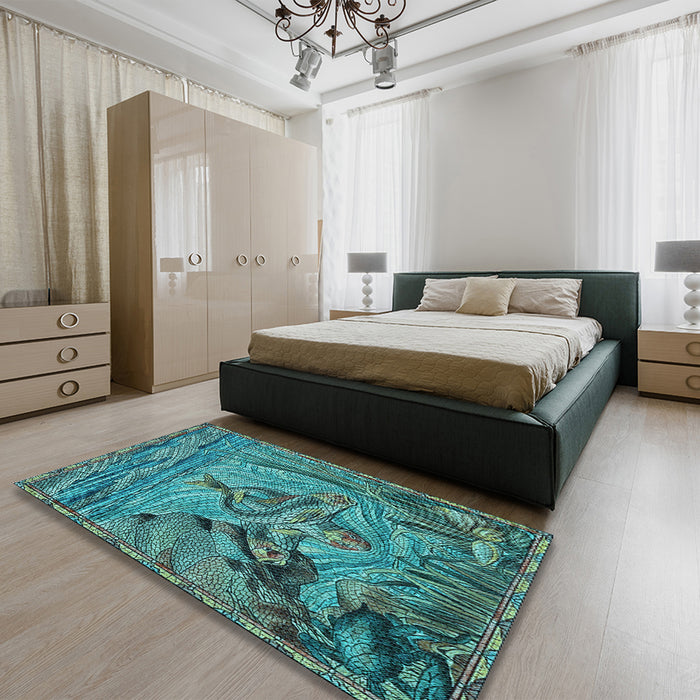 Patterned Turquoise Green Rug in a Bedroom, pat1239lblu