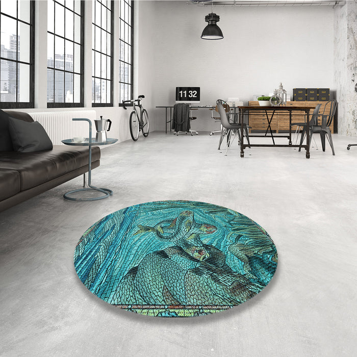 Round Patterned Turquoise Green Rug in a Office, pat1239lblu