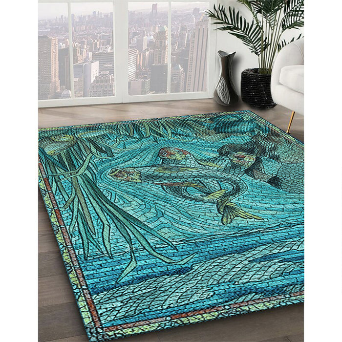 Patterned Turquoise Green Rug in Family Room, pat1239lblu