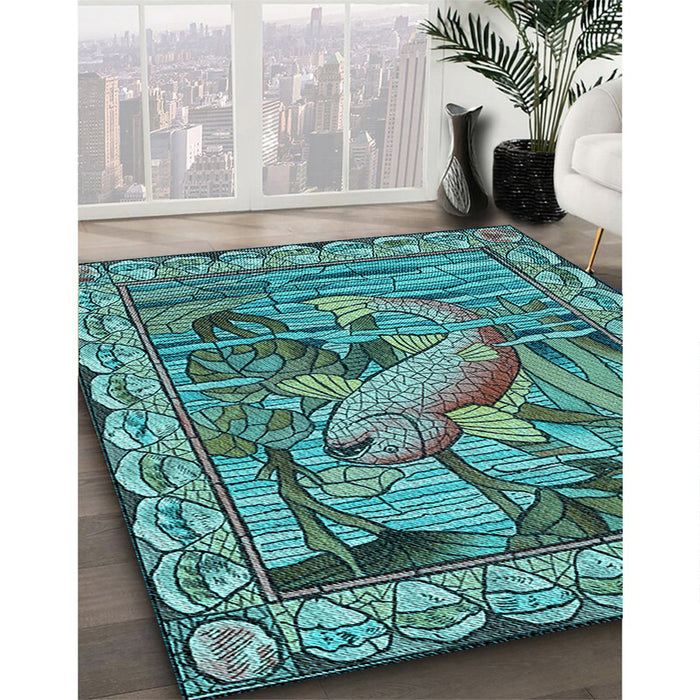 Patterned Turquoise Green Rug in Family Room, pat1240lblu