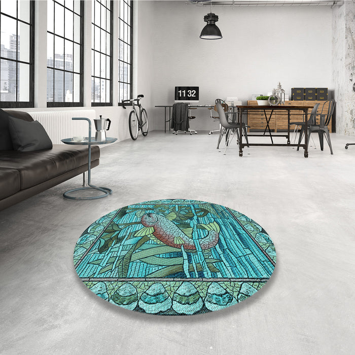 Round Patterned Turquoise Green Rug in a Office, pat1240lblu