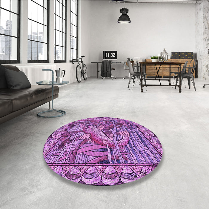 Round Patterned Dark Magenta Purple Rug in a Office, pat1240pur