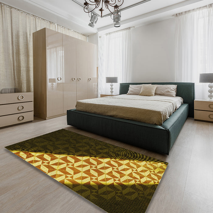 Patterned Black Brown Rug in a Bedroom, pat1244yw