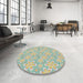 Round Machine Washable Transitional Khaki Green Rug in a Office, wshpat1251