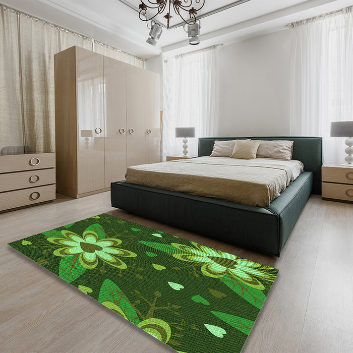 Patterned Dark Forest Green Rug in a Bedroom, pat1254grn