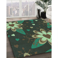 Patterned Dark Forest Green Rug, pat1254lblu