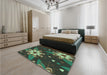 Patterned Dark Forest Green Rug in a Bedroom, pat1254lblu