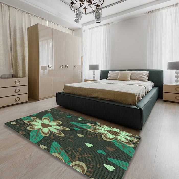 Patterned Dark Forest Green Rug in a Bedroom, pat1254lblu