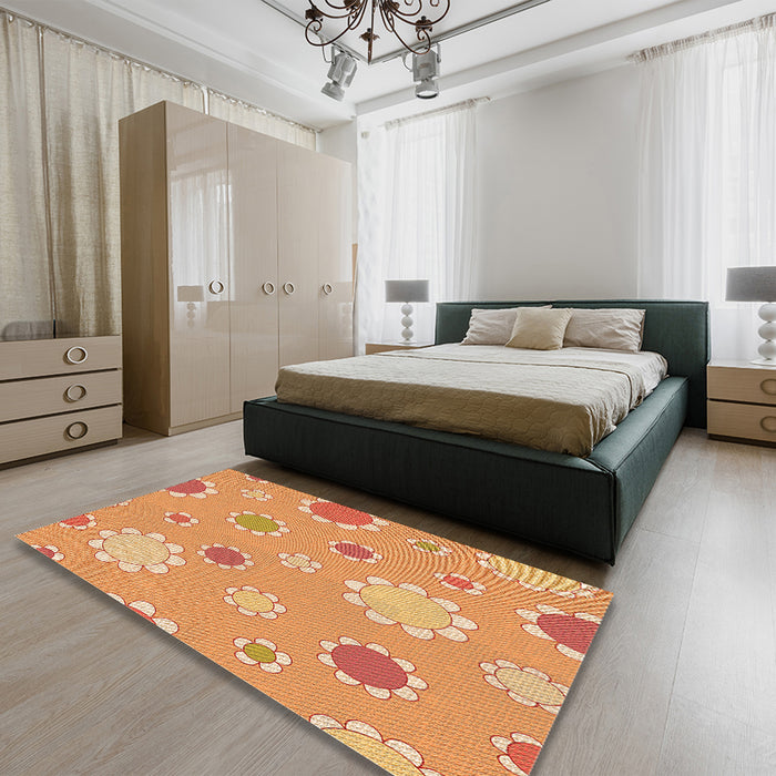 Patterned Yellow Orange Rug in a Bedroom, pat1256org
