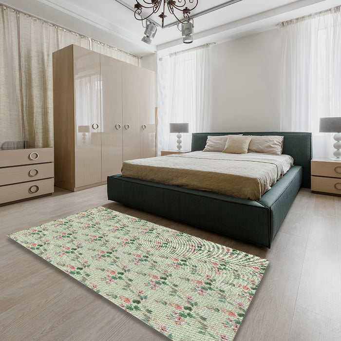 Patterned Khaki Green Novelty Rug in a Bedroom, pat1266