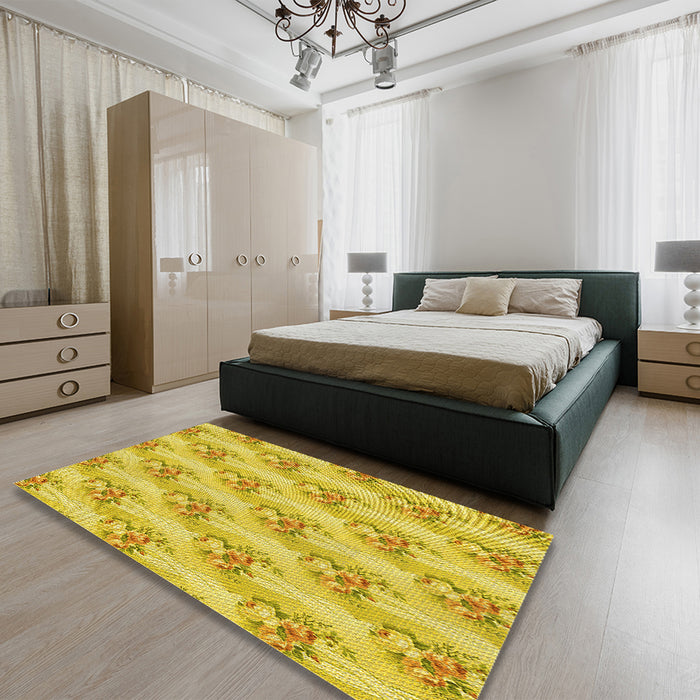 Round Machine Washable Transitional Yellow Rug in a Office, wshpat1267yw