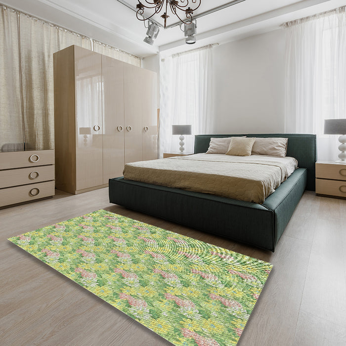 Patterned Tea Green Novelty Rug in a Bedroom, pat1268
