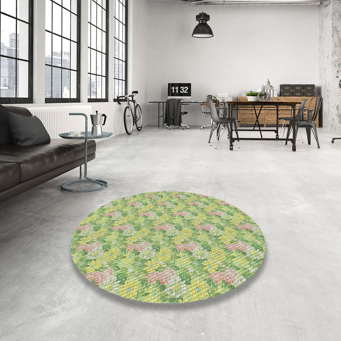 Round Machine Washable Transitional Tea Green Rug in a Office, wshpat1268