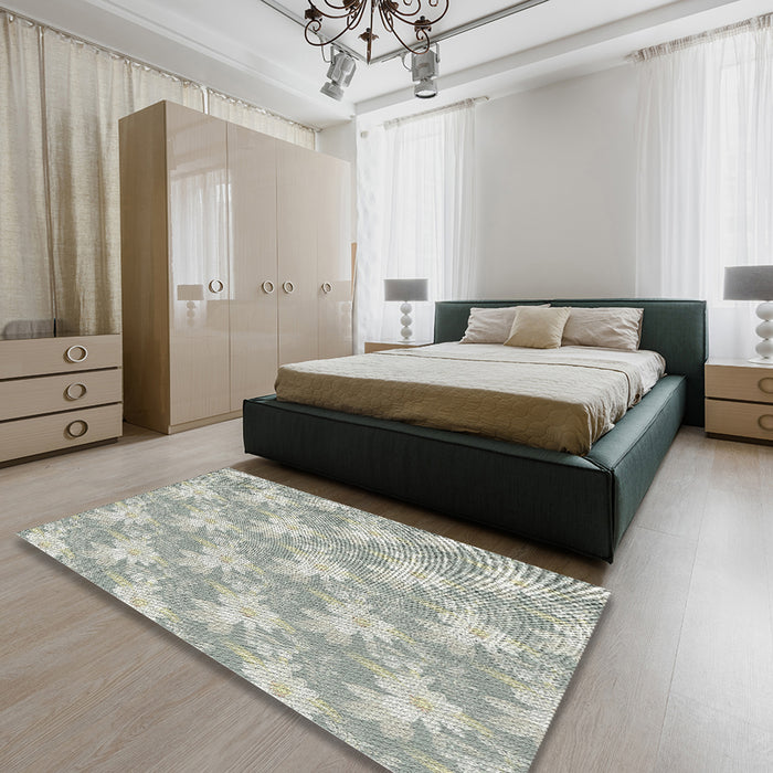 Machine Washable Transitional Sage Green Rug in a Bedroom, wshpat1273
