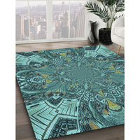 Patterned Medium Turquoise Green Rug, pat128lblu