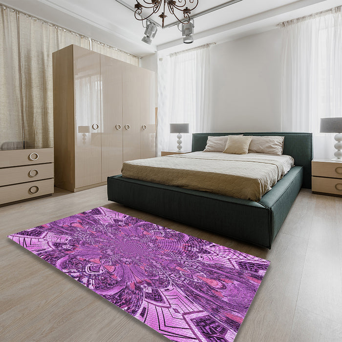 Patterned Dark Magenta Purple Rug in a Bedroom, pat128pur