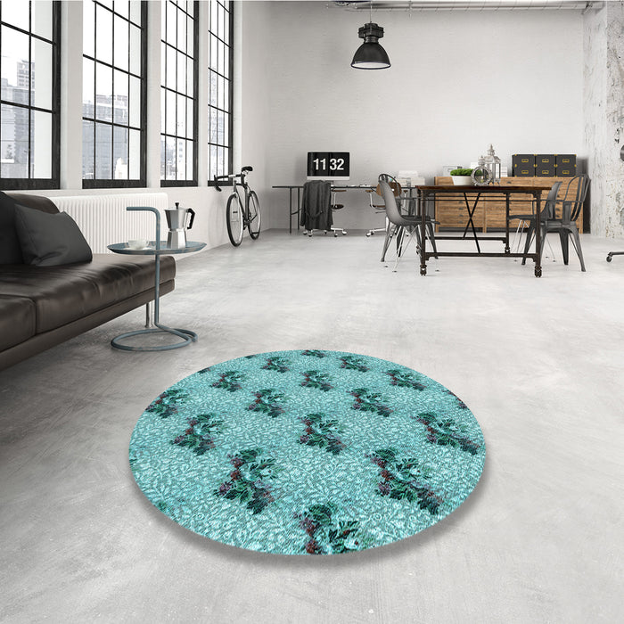Round Patterned Aquamarine Stone Green Rug in a Office, pat1287lblu