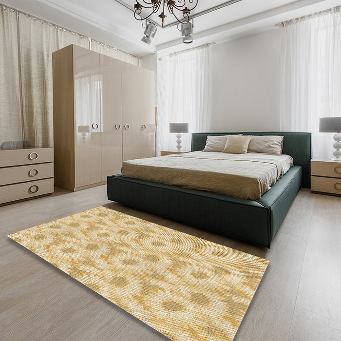 Round Machine Washable Transitional Brown Gold Rug in a Office, wshpat1292brn