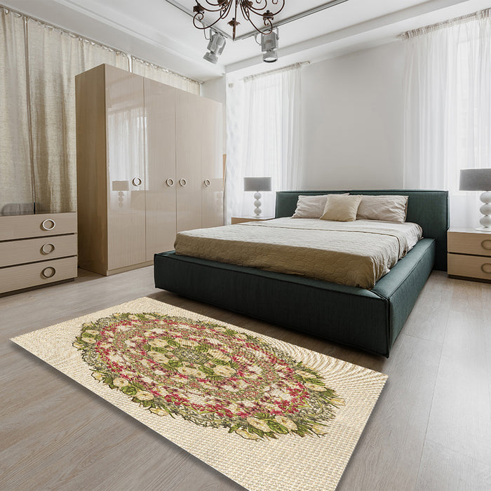 Patterned Khaki Gold Rug in a Bedroom, pat1294brn