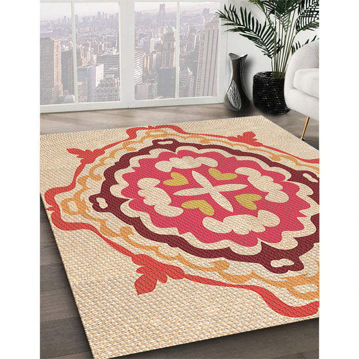 Patterned Red Rug in Family Room, pat1295org