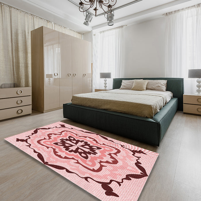 Round Machine Washable Transitional Light Red Pink Rug in a Office, wshpat1296rd
