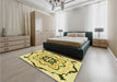 Patterned Dark Yellow Green Rug in a Bedroom, pat1296yw