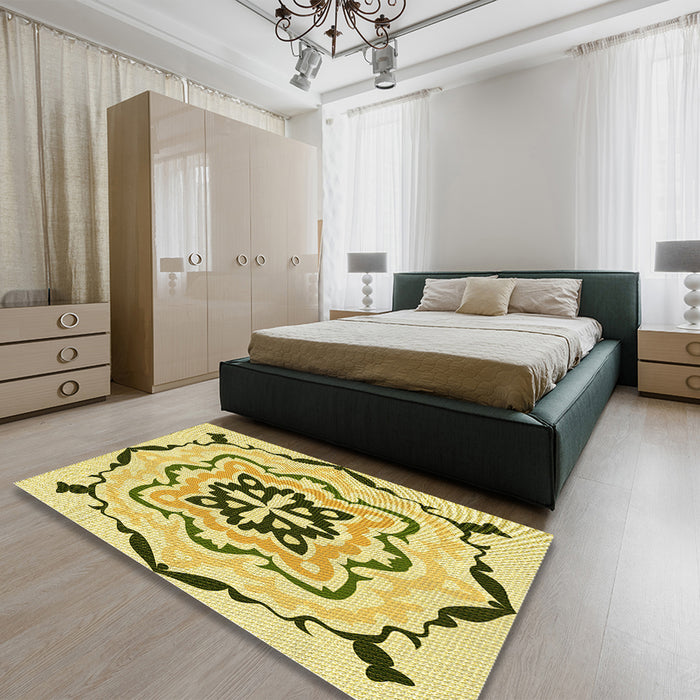 Round Machine Washable Transitional Dark Yellow Green Rug in a Office, wshpat1296yw