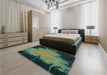 Patterned Green Rug in a Bedroom, pat1298lblu