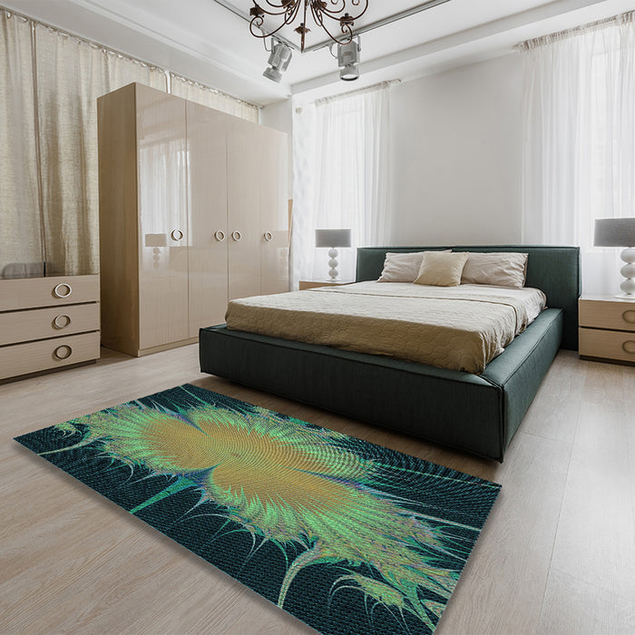 Patterned Green Rug in a Bedroom, pat1298lblu