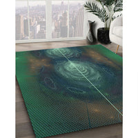 Patterned Dark Slate Grey Green Rug, pat1299lblu