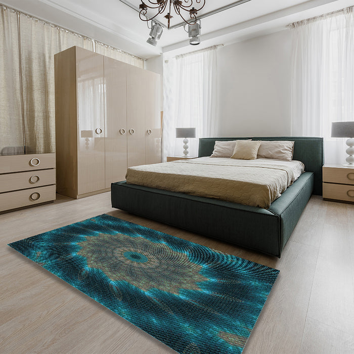 Patterned Deep Teal Green Rug in a Bedroom, pat130lblu