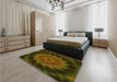 Patterned Dark Yellow Green Rug in a Bedroom, pat130yw