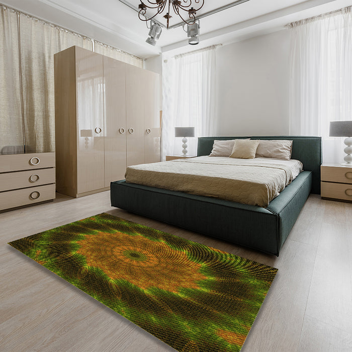 Patterned Dark Yellow Green Rug in a Bedroom, pat130yw