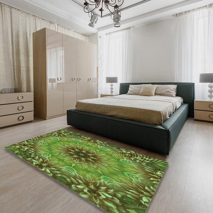 Patterned Antique Bronze Green Rug in a Bedroom, pat1301grn