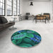 Round Patterned Medium Teal Green Rug in a Office, pat1302lblu