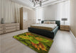 Patterned Dark Yellow Green Rug in a Bedroom, pat1302yw